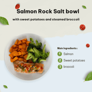 Rock salt salmon with sweet potato and steamed broccoli