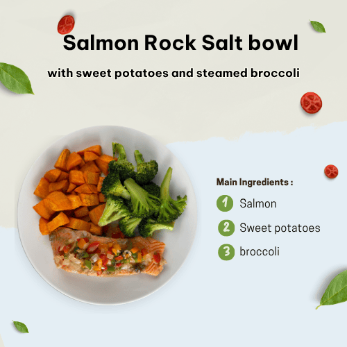 Rock salt salmon with sweet potato and steamed broccoli