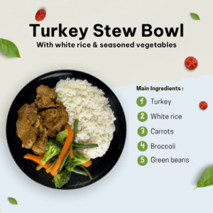 Turkey stew bowl with white rice and seasonal vegetable