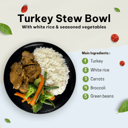 Turkey stew bowl with white rice and seasonal vegetable