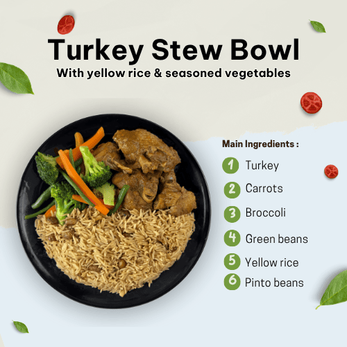 Turkey stew bowl, yellow rice, and seasonal vegetables